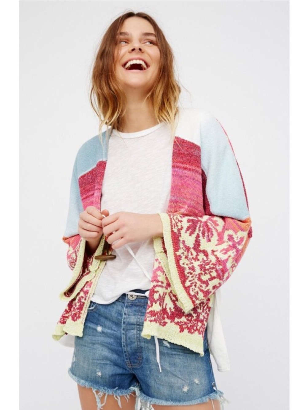 Free People Floral Knit Surf Sweater Kimono Cardigan Womens Size M / L - Picture 2 of 9